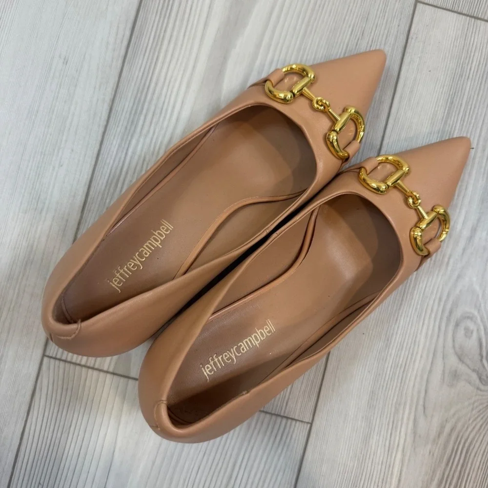 Jeffrey Campbell Tan Leather Pointed Toe Horsebit Block Heel Pumps Womens 7.5